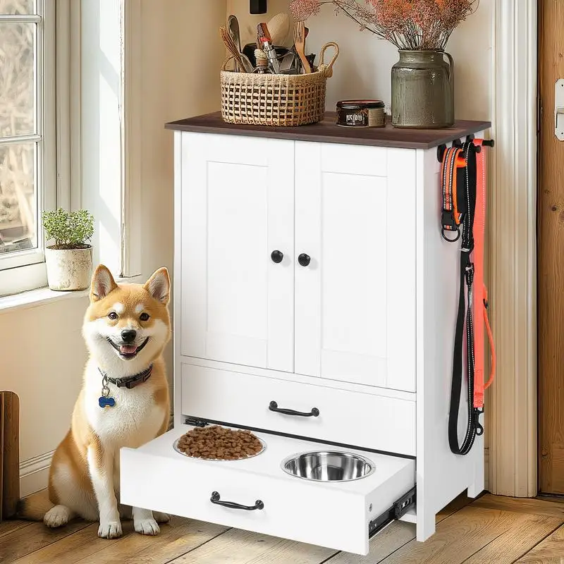 

Dog Feeding Station with Double Door Locker, 2 Adjustable Bowls, and 3 Hooks, White