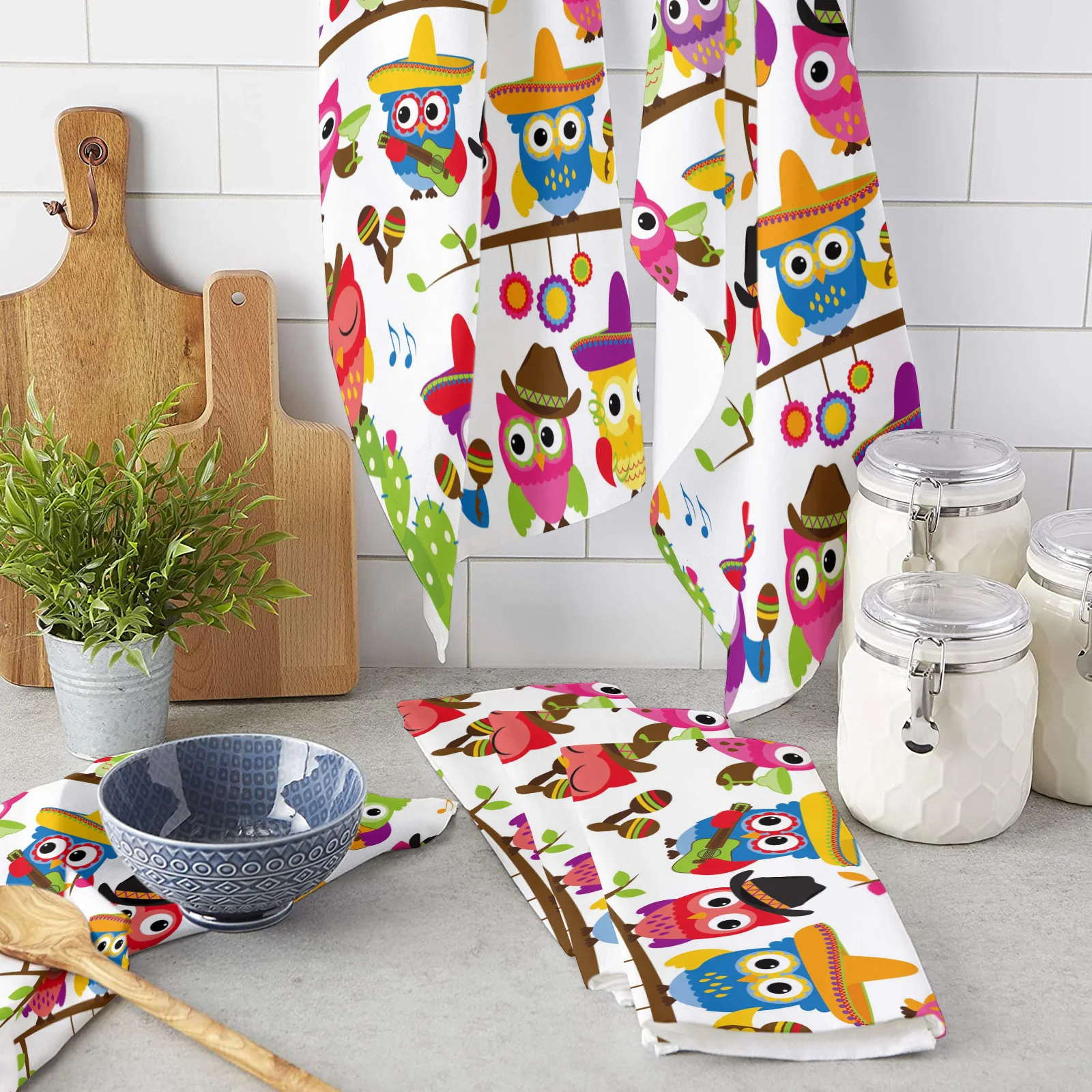 Colorful Owl Cactus Music Guitar Microfiber Cleaning Cloths Hand Towels Dishcloth Utensils For Kitchen House Things Wipe Towel