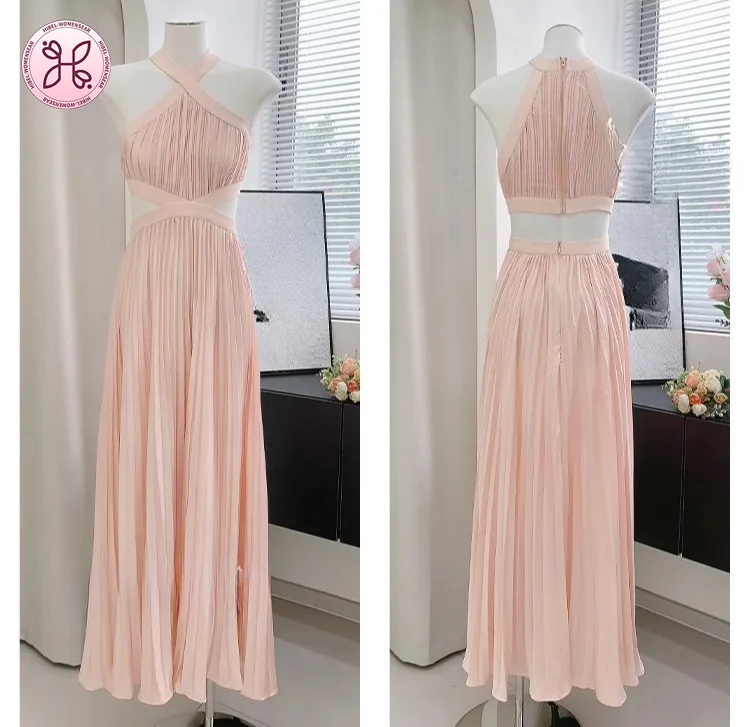 Vestido maxi sexy rosa recortado – vestido plissado sem costas com decote halter (roupa feminina para férias e festas à noite)