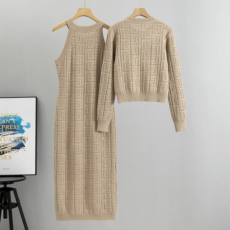 Skirt Sets spring Autumn Womens Korean Knitted Cardigan+ Sleeveless Long Dress Set Two Piece Sets Womens Outifits