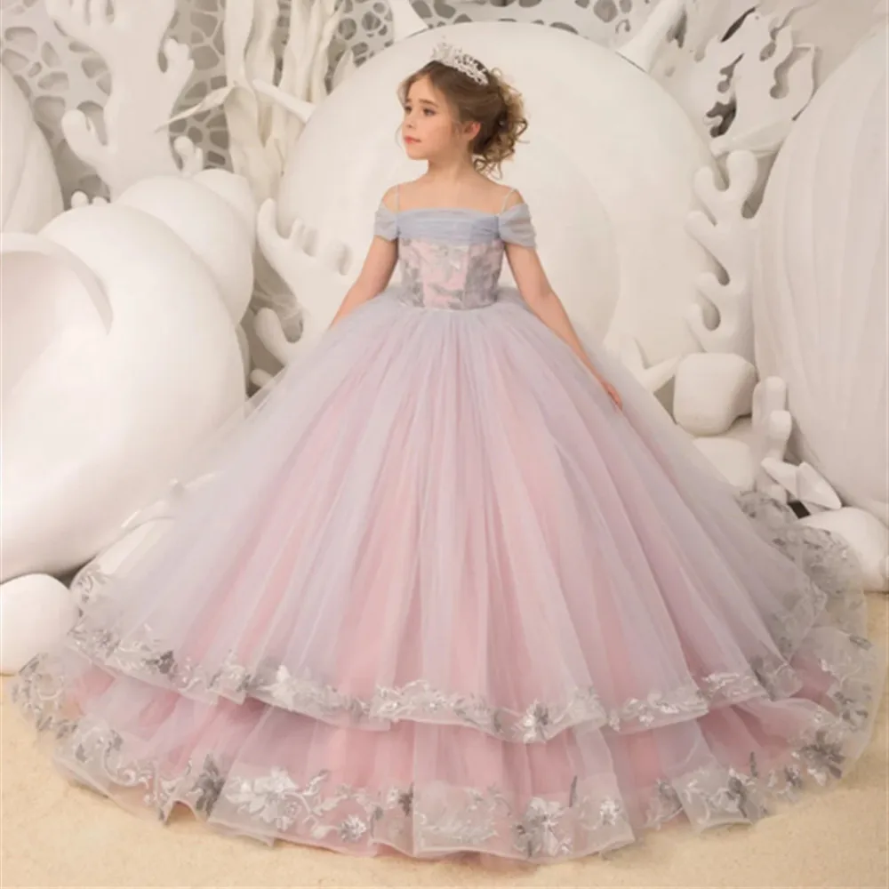 

Elegance Off The Shoulder Fluffy Flower Girl Dress For Wedding Appliques Ruffles Toddler Pageant Dress Kids Birthday Gown