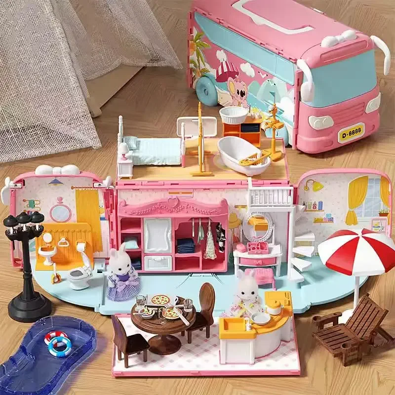 

DIY Forests Animals Bus Dollhouse Playset Simulation Caravan Camper Car Toy Families Cottage Set Miniature Furniture Girl Gifts