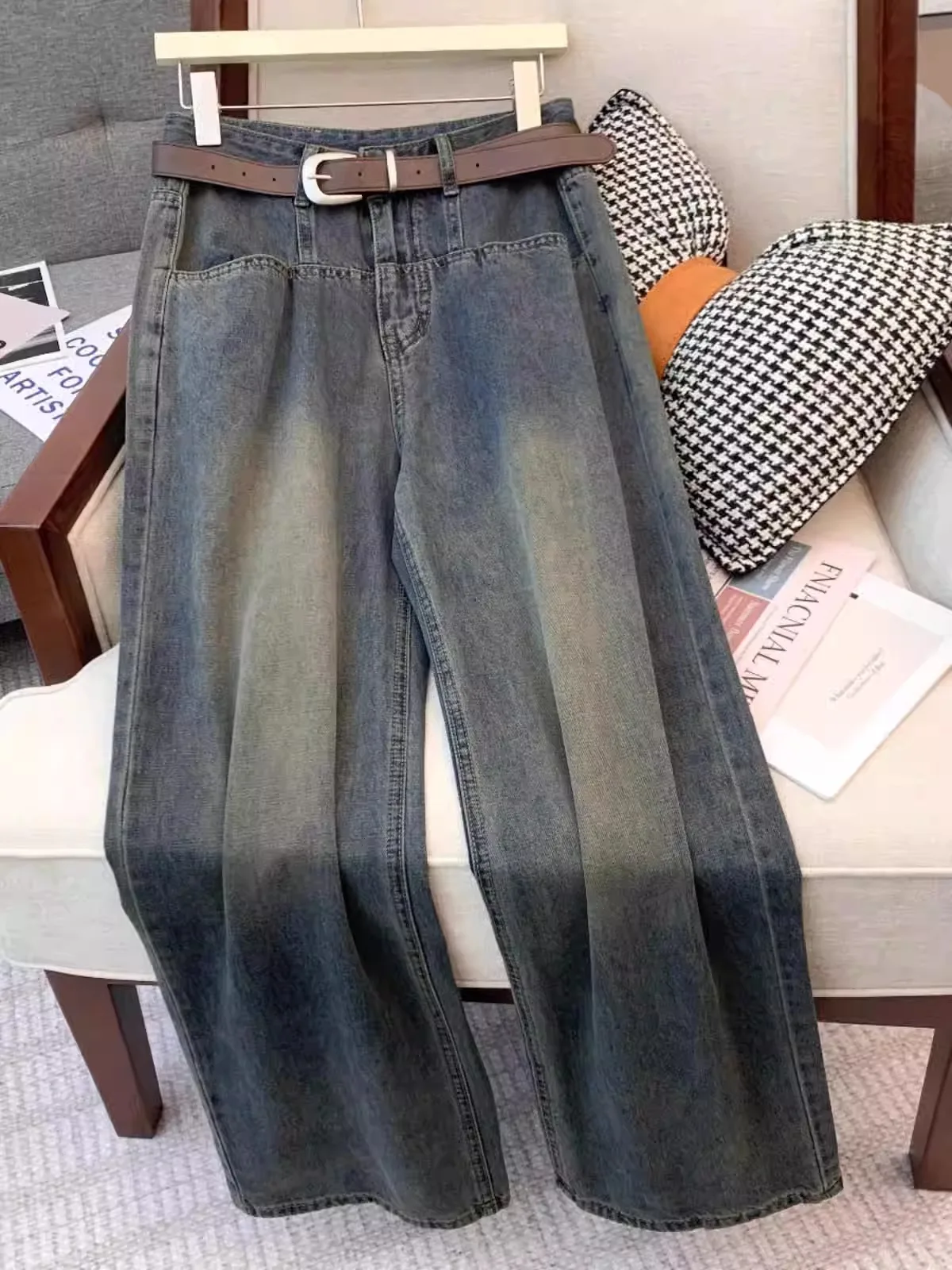 

High Waist Extra Large 300 Pounds Vintage Faded Denim Jeans Women's Loose Slim Straight Leg Wide Leg Floor Length Pants