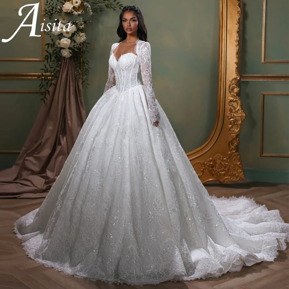 Customized Sweetheart Strapless Ball Gown Long Sleeves Lace Wedding Dresses Beaded Bridal Gowns with Removable Lace Jacket
