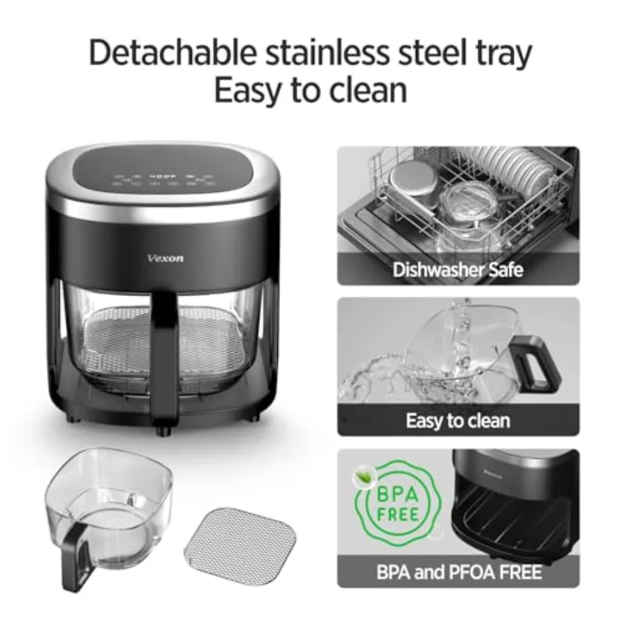 مقلاة هوائية زجاجية 6IN1 مقلاة هوائية 4.5QT مع وعاء زجاجي للعرض، قلي هوائي، إعادة تسخين، تكنولوجيا هواء مقرمش، أطباق غير لاصقة