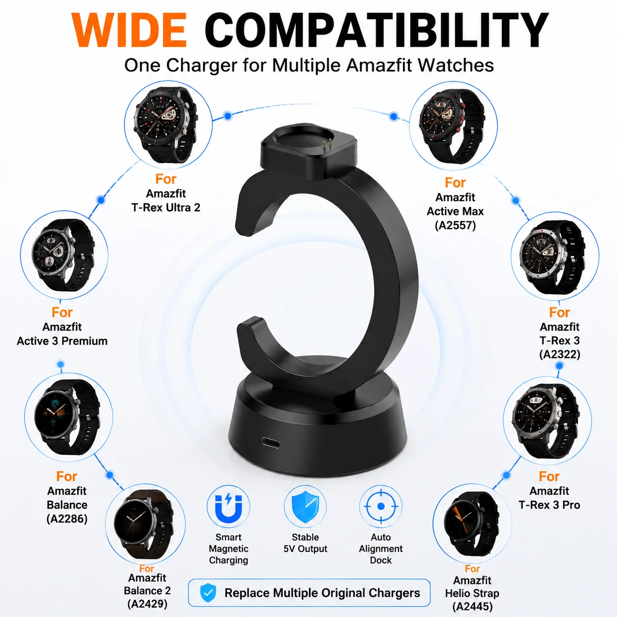 Magnetic Charging Dock For Amazfit Active Max / T-Rex Ultra 2 / T-Rex 3 Balance Smartwatch C-Shaped Stand Charger Base 5V