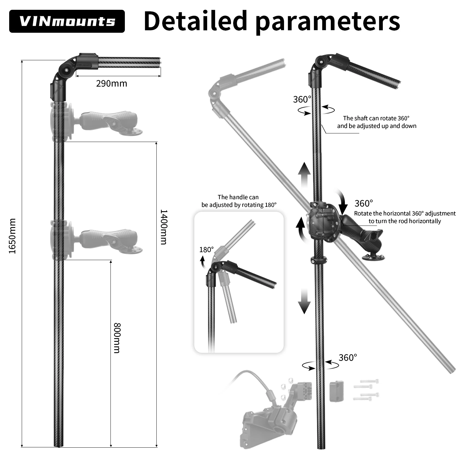 Carbon Fiber LiveScope Fish Finder Pole Mount with Adjustable Transducer Arm, for Garmin LVS34/32/62,Lowrance AT/E9,for Boats