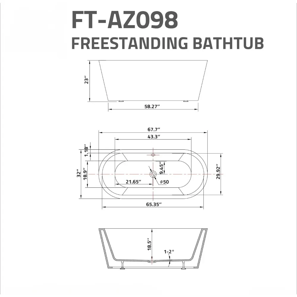 Bathtub, 67 Inches, Flush Acrylic, Built-in Chrome Overflow and Drain, Bathroom Furniture, Bathroom freestanding bathtub