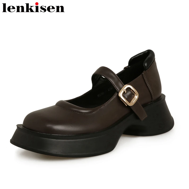 

Lenkisen Fashion Cow Split Leather Round Toe Summer Brand Shoes Med Heels Buckle Strap Platform England Style Brand Women Pumps