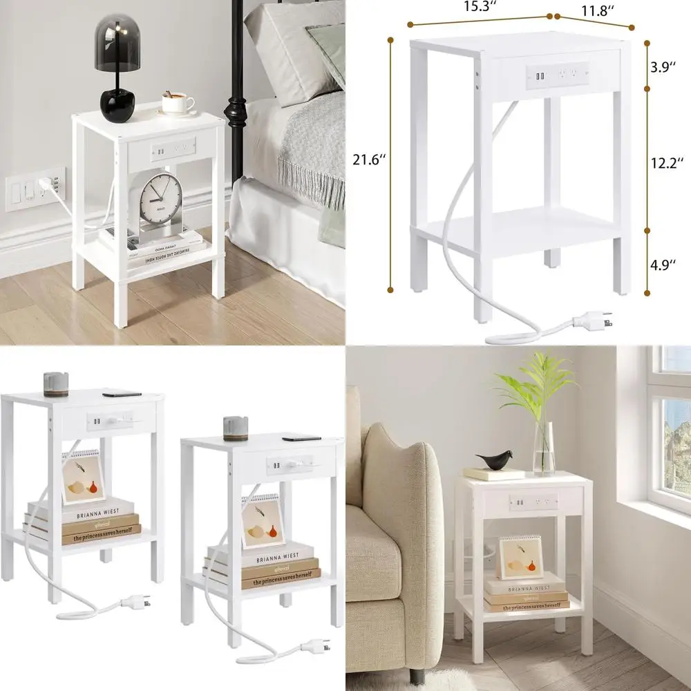 

Прикроватная тумбочка с зарядной станцией, пара приставных столиков для дивана, компактная двухуровневая полка, белые прикроватные тумбочки для спальни и гостиной