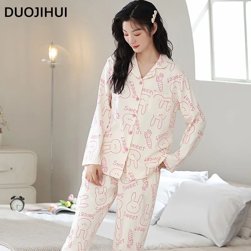 DUOJIHUI-طقم بيجاما بطباعة غير رسمية للنساء ، كارديجان بأكمام طويلة ، بنطلون أساسي ، فضفاض وبسيط ، لون متباين ، موضة ، شتاء