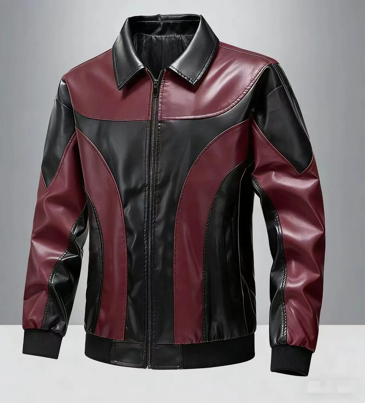 Vintage Streetwear Men's Biker PU Leather Jacket Casual Patchwork Stand Collar Warm Zipper Chaqueta de Cuero Hombre