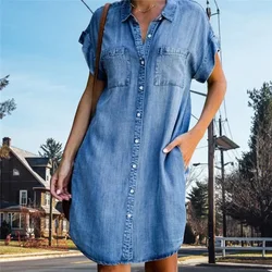 Women Denim Shirt Dresses Short Sleeve Distressed Jean Dress Button Down Casual Fashion Tunic Top