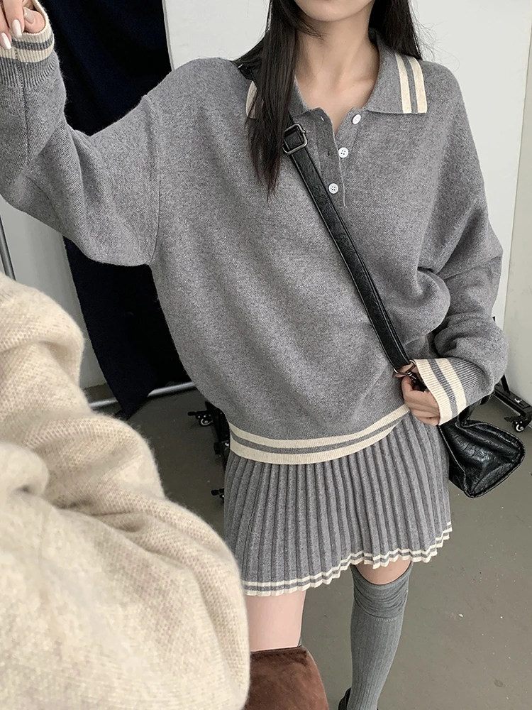 Colorfaith WS9801JX New 2024 Chic Sets 2 Pieces Oversized Knitting Sweaters With Mini Pleated Skirts Spring Winter Women Suits