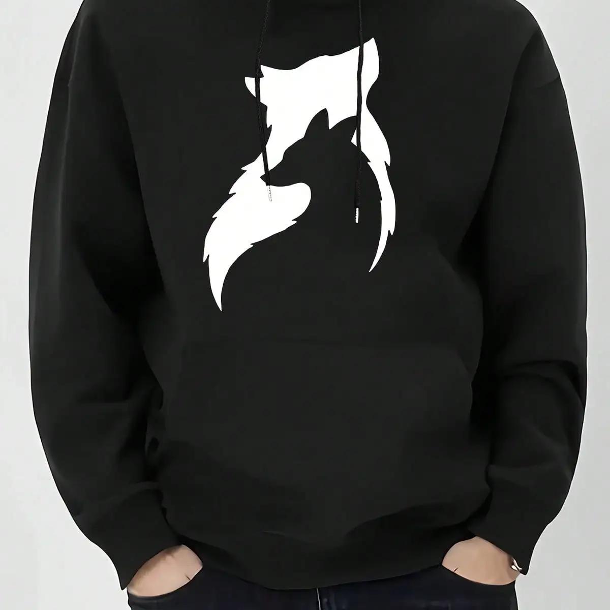 Men Front Print Hoodie, Negative Space Wolf Silhouette Graphic Hooded Sweatshirt, Wild Animal Casual Loose Pullover Hoodie