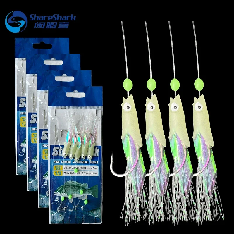 5 ganci Sabiki Rigs Esche da pesca in acqua salata Impianti esca Vera pelle di pesce Gancio per corda Sgombro Glow in The Dark Flash Sabiki Rigs