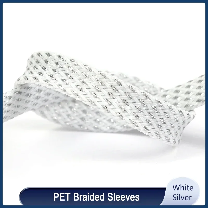 Durable White Silver PET Braid Sleeve - Flexible Snake Skin Cable Wrap (1-50m) - Multiple Sizes Available