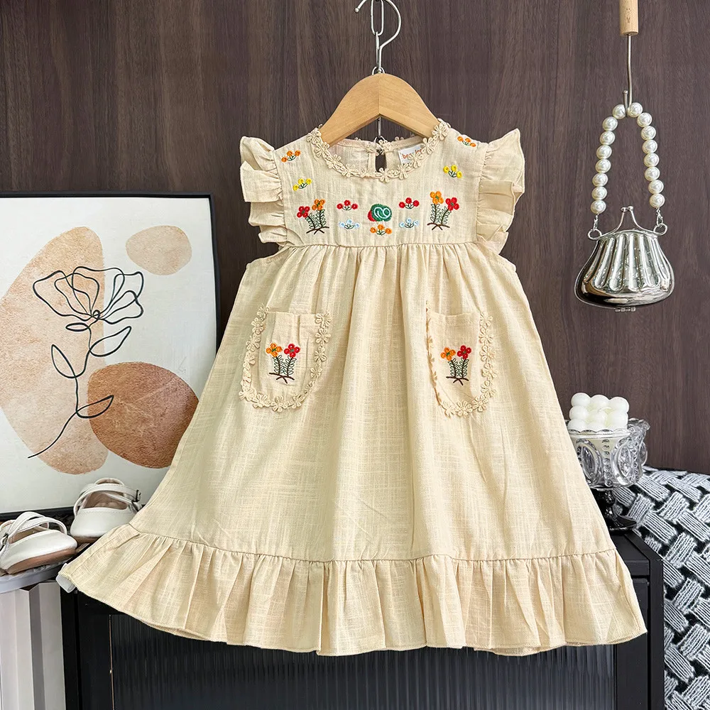 Summer Pink Little Girl Carnival Dress Embroidered Flower Pocket Sleeveless Princess Dresses 3-7 Years Old Casual Kids Clothes