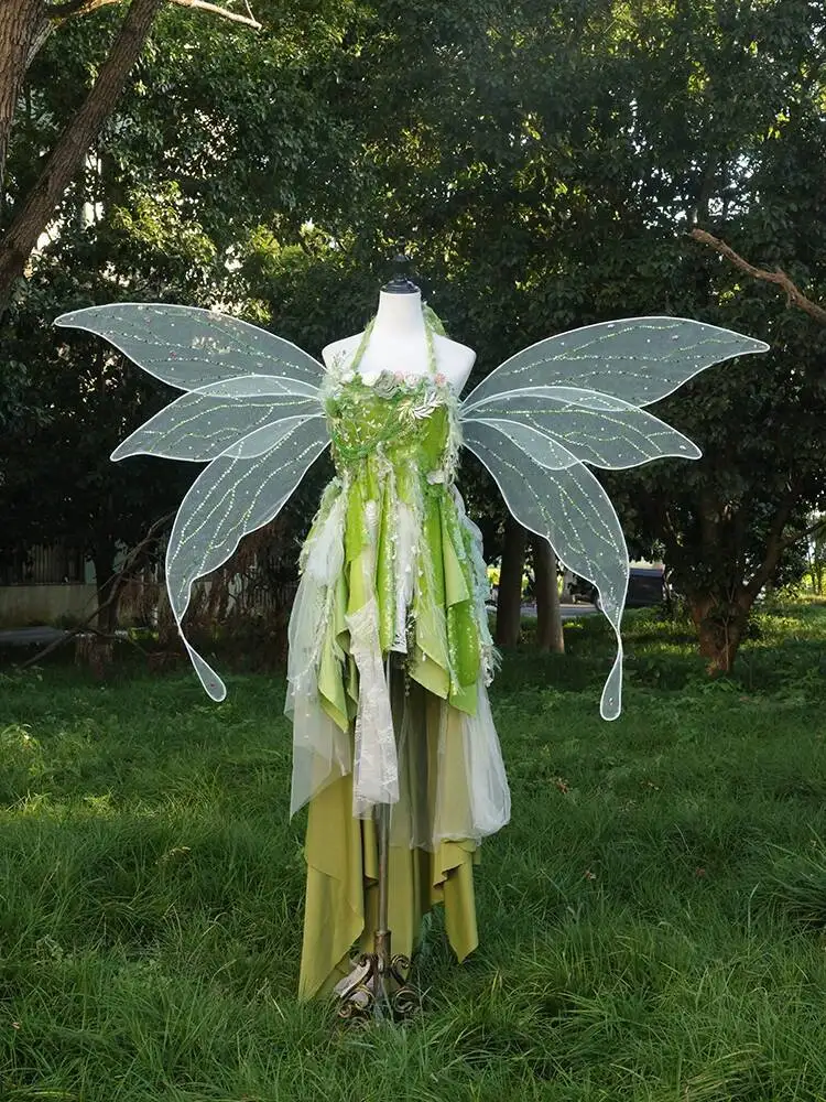

Green Forest Style Elf Wings Photo Natural Pure Fairy Cosplay Costume Halter Neck Formal Dress Party Performance