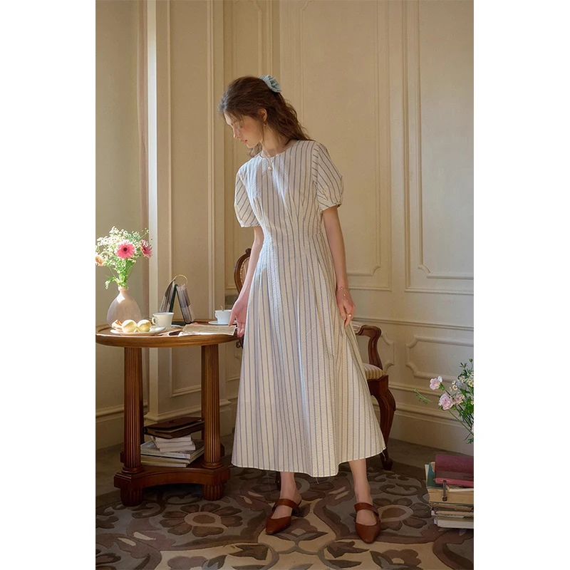 MEXZT Vintage Gestreiften Midi Kleid Frauen Elegante Bandage Puff Kurzarm Kleider Sommer Damen Koreanische Einfache Bodycon Vestidos