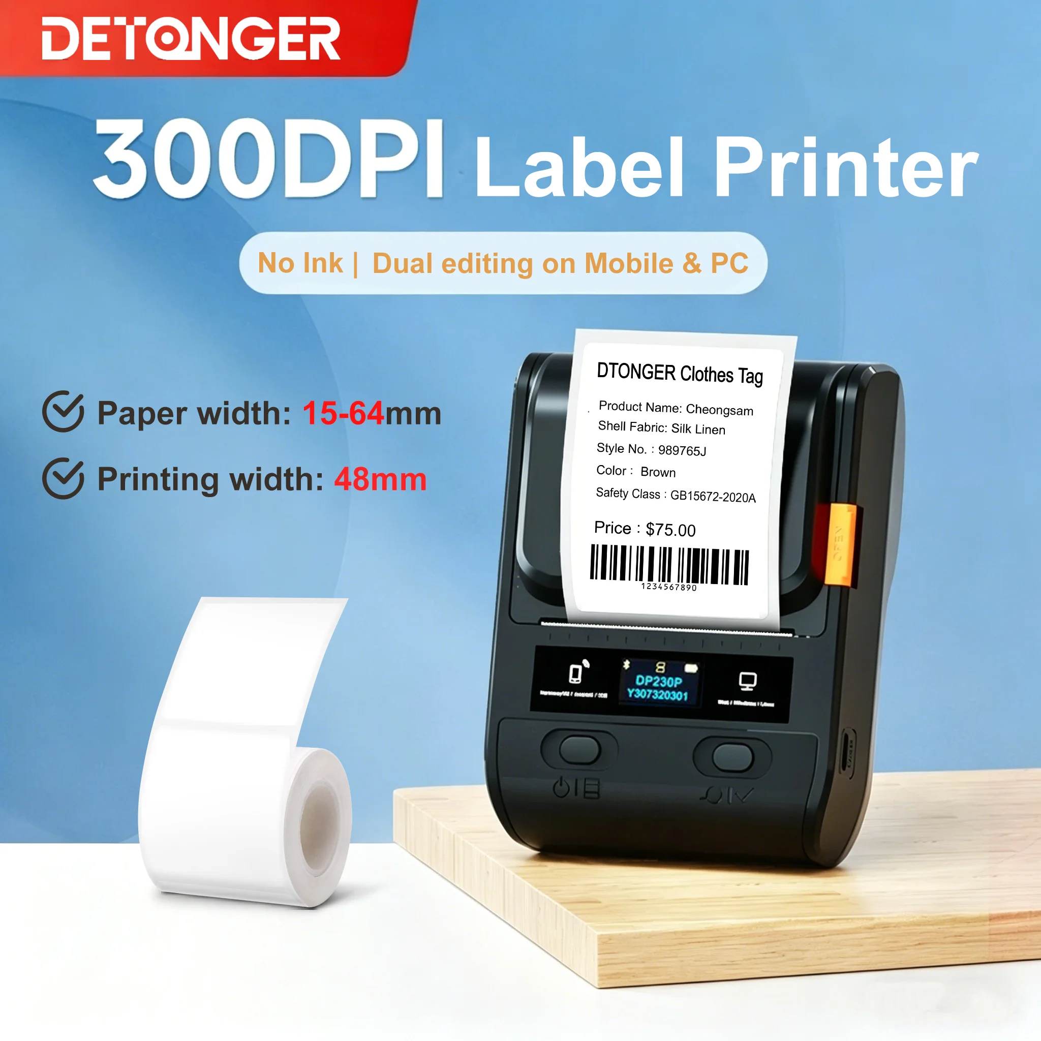 

DETONGER 300DPI DP230S/DP30S Multifunctional Wireless BT Mobile for Android iOS Barcode Thermal Label Maker Printer