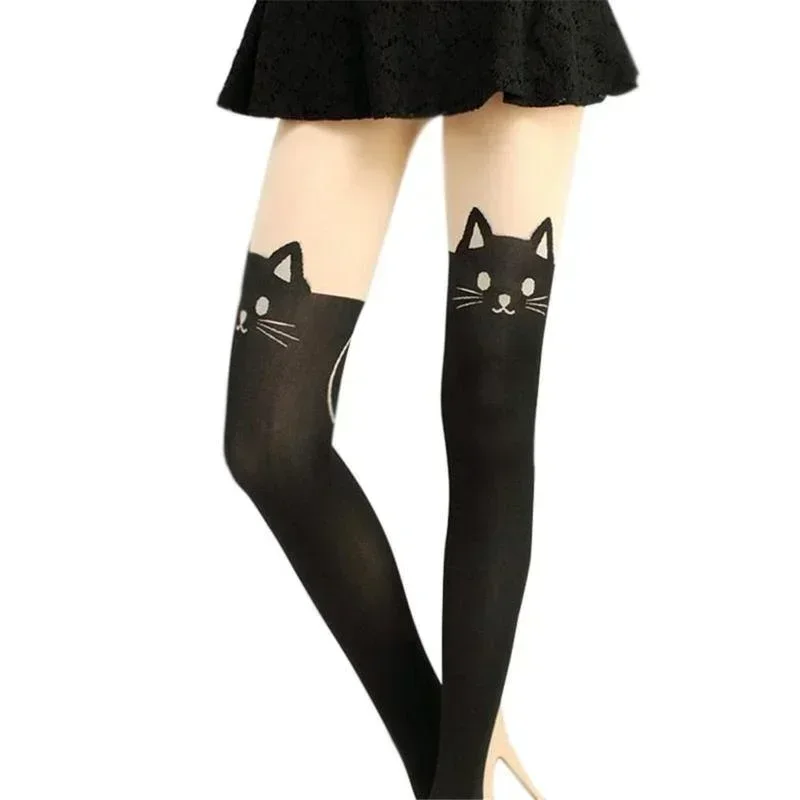 Cute Cartoon Cat Summer Pattern Stockings Over The Knee High Socks Cat Tail Print Women\'s Thermal Sock Accessories Creative Gift