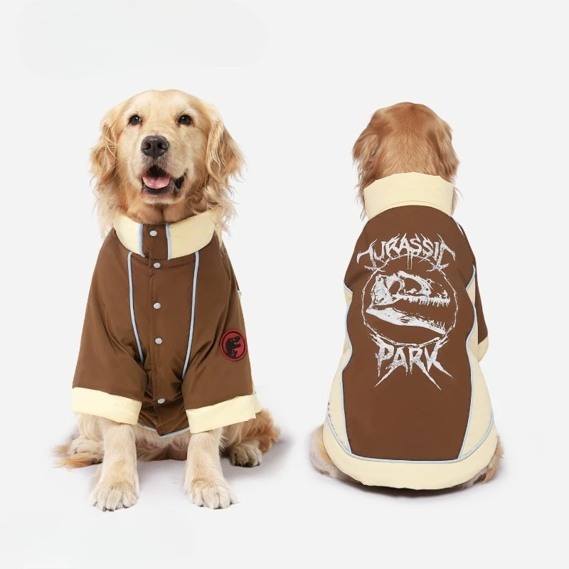 Dog Winter Padded Coat Color Block Splicing Warm Windproof Cold Resistant Jacket Dinosaur Graphic Print Thick Outfit for Dogs