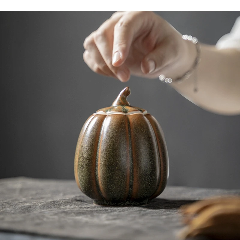 Ceramic Tea Pot Pumpkin Shape Sealed Storage Kitchen Container Store Accessories Organizer Canister Tin Can