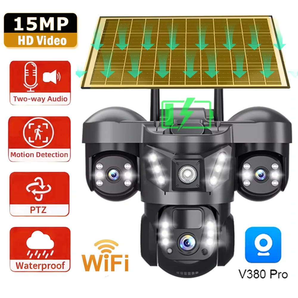 

V380 Pro Wi-Fi Солнечная камера с тройным объективом 15 МП Безопасность на солнечной энергии 10-кратный зум Автоматическое отслеживание Открытый двусторонний аудио Водонепроницаемая камера