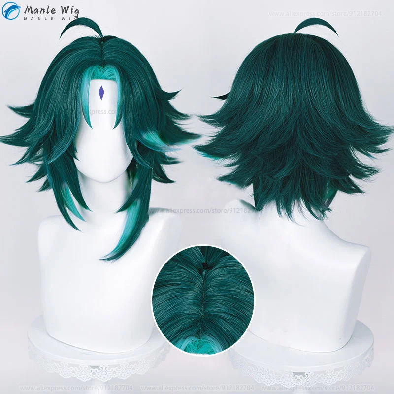 Xiao Genshin Cosplay Perruque pour Femme, Perruques Anime, Cheveux Synthétiques, Vert Mixte, Degré de Chaleur, 40cm, 85cm, 100cm