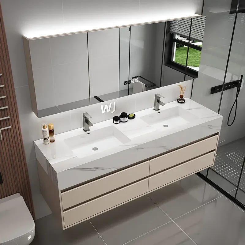 Modern Simple Rock Slab Seamless Integration Double Basin Bathroom Cabinet Combination Light Luxury Double Sink