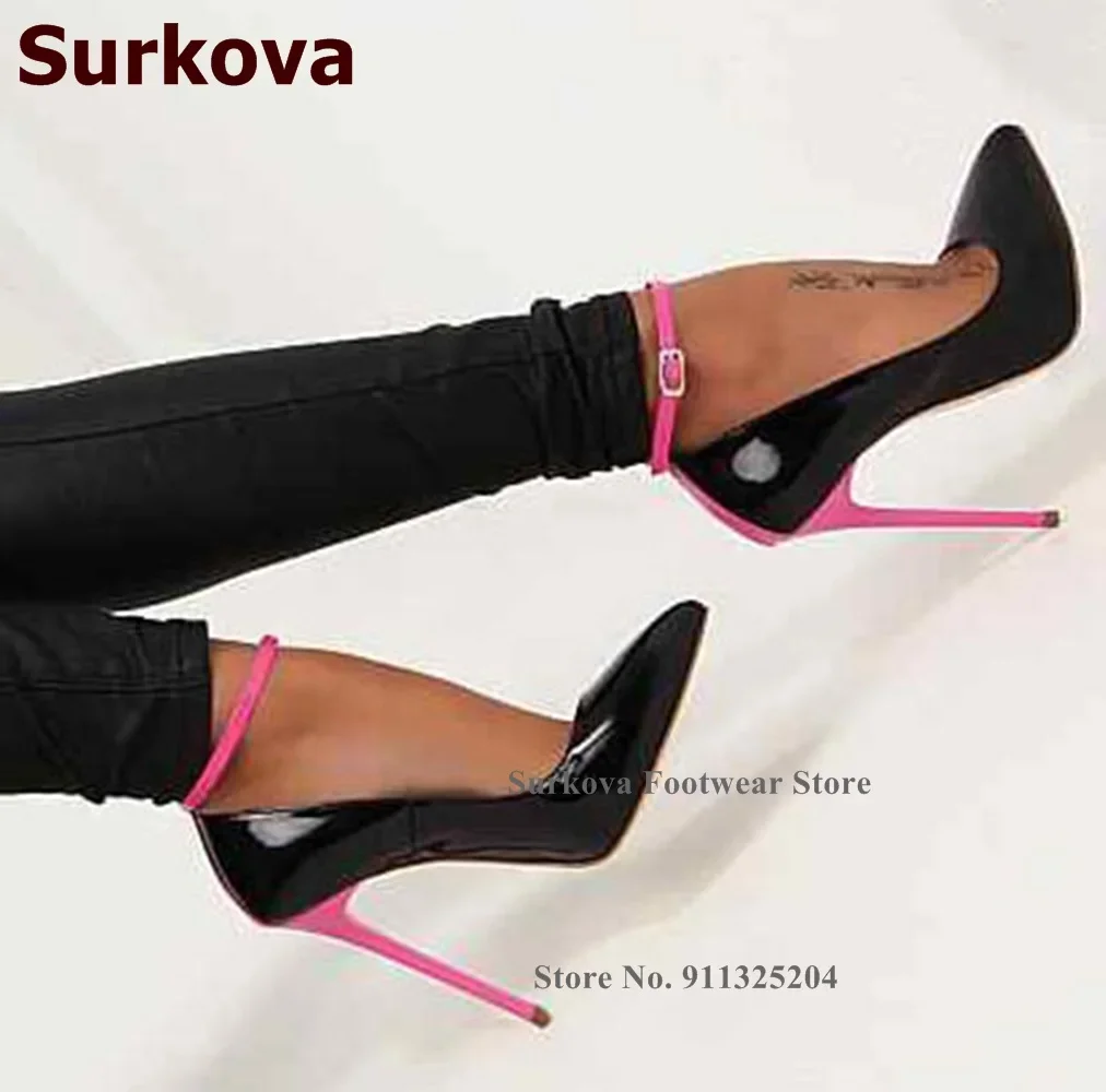 Surkova Pink High Heels Patent Leather Patchwork Dress Shoes Ankle Buckle Strap Pointed Toe Wedding Pumps Sexy Gladiator Shoes