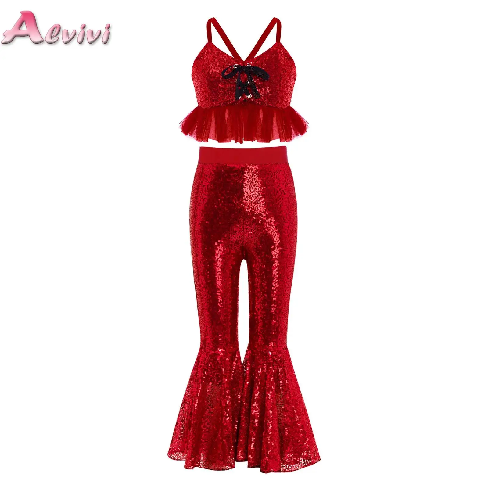 

Kids Girls Hip Hop Jazz Modern Dance Performance Costume Outfit Sequins Tulle Ruffles Crop Top with Bell-Bottomed Pants Set