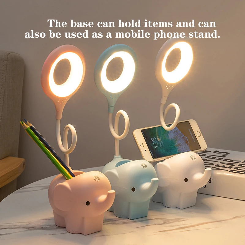 

Elephant shape creative LED desk lamp charging plug-in dual-use three-color temperature adjustable learning desk lamp