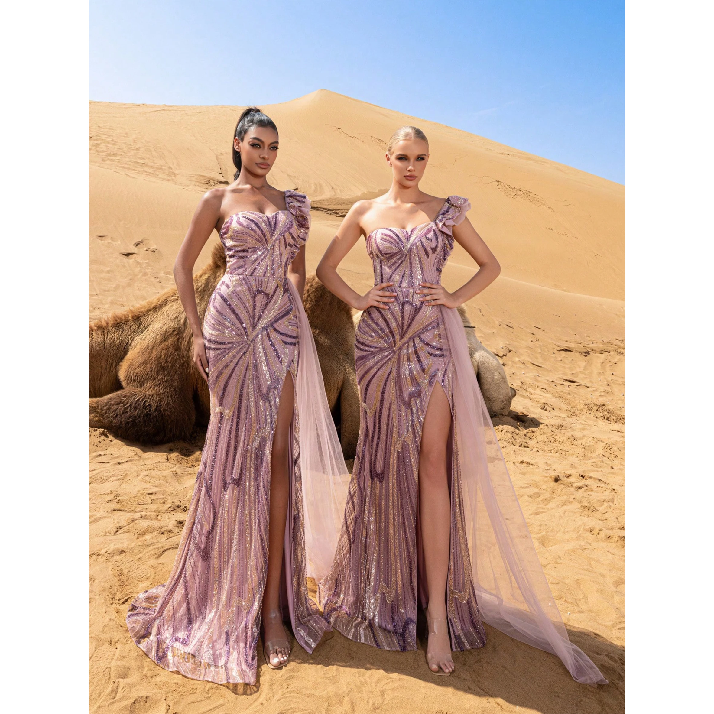 

Elegant One-Shoulder Beaded Evening Gown with Ruffle Trim, Draped Side Detail, Flowing Train & High Thigh Split – Formal Party D