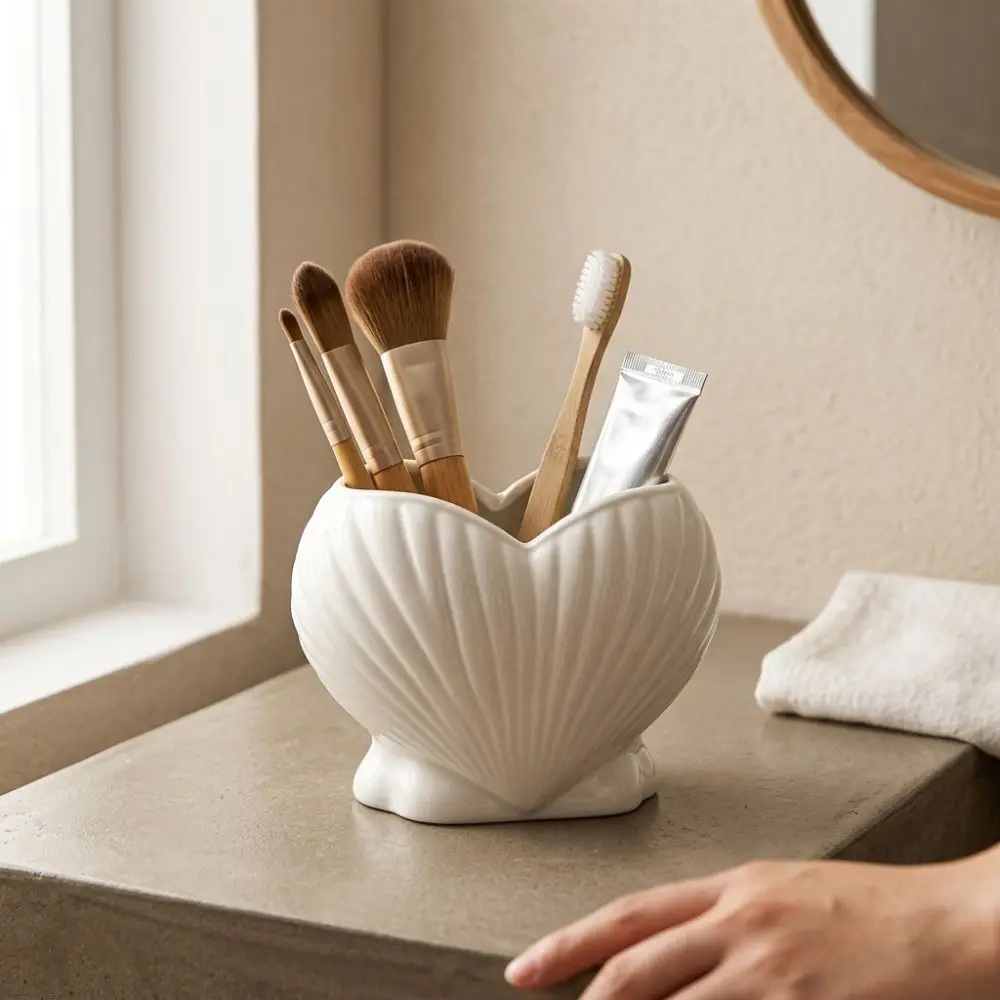 3D Printed Shell Shape Toothpaste Toothbrush Holder Coastal Style Aesthetic Heart Shell Desk Organizer Plastic Stable Base