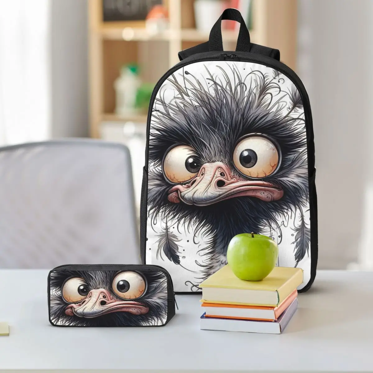 Cartoon Ostrich And Feathers Backpack Boys Girls BookBag School Bag Shoulder Bags 3ps Insulated Lunch Bag Pencil Case