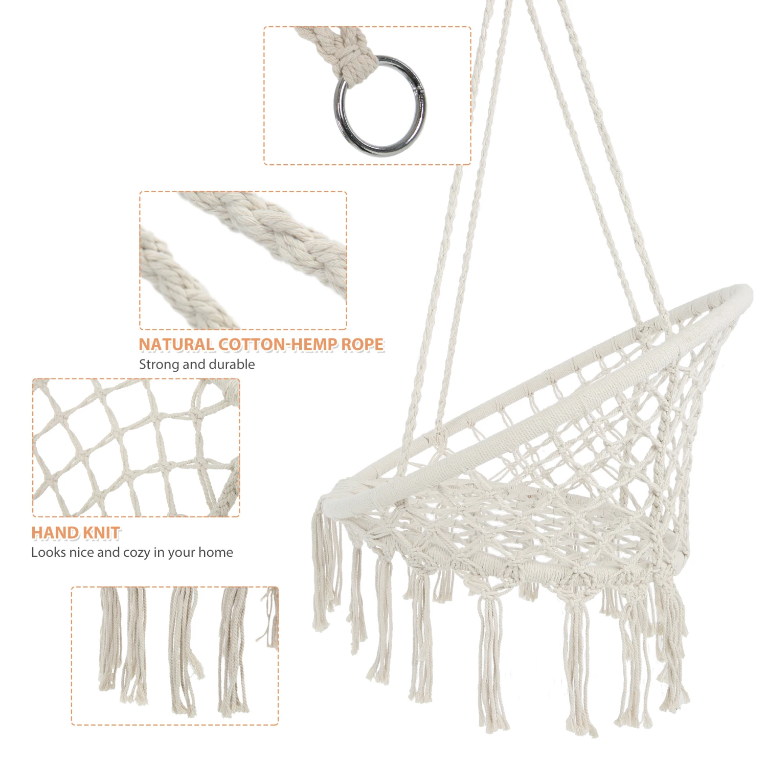 

Macrame Swing Chair for Indoors & Outdoors | Max 330 lbs Capacity | Hanging Cotton Rope Hammock