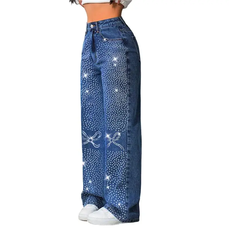 

ABRT-Women Y2K Vintage Glitter Jeans Retro Party Streetwear Straight Wide Leg Denim Pants Deep Blue L