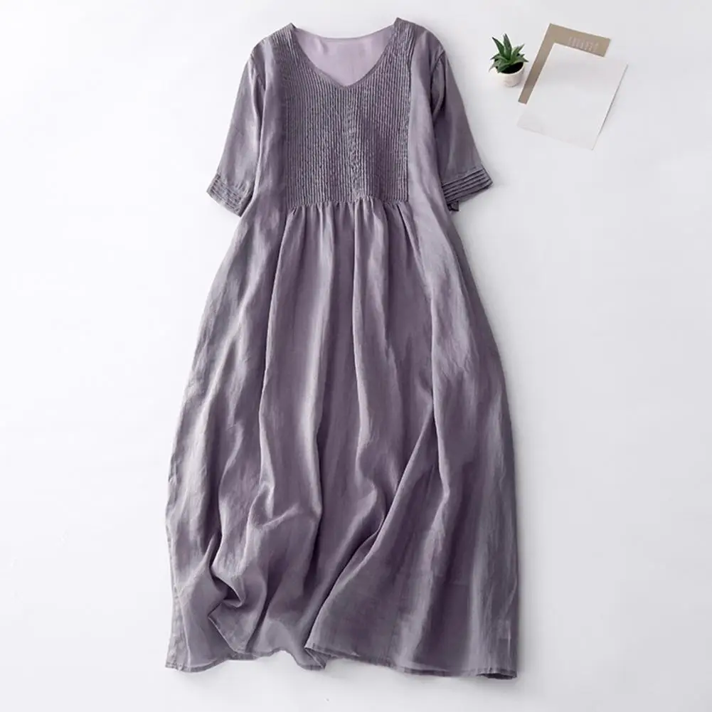 Loose Cut Pleated Dress A-line Dress Double-layered V Neck Summer Dress with Pleated Short Sleeves A-line Retro Style for Women