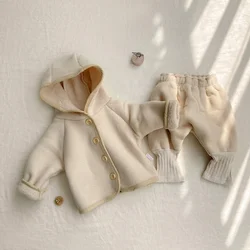 0-24M Newborn Kid Baby Boy Girls Winter Clothes Set Hooded Fleece Warm Coat Top Pants Suit Thick Jacket Set 2pcs Outfit