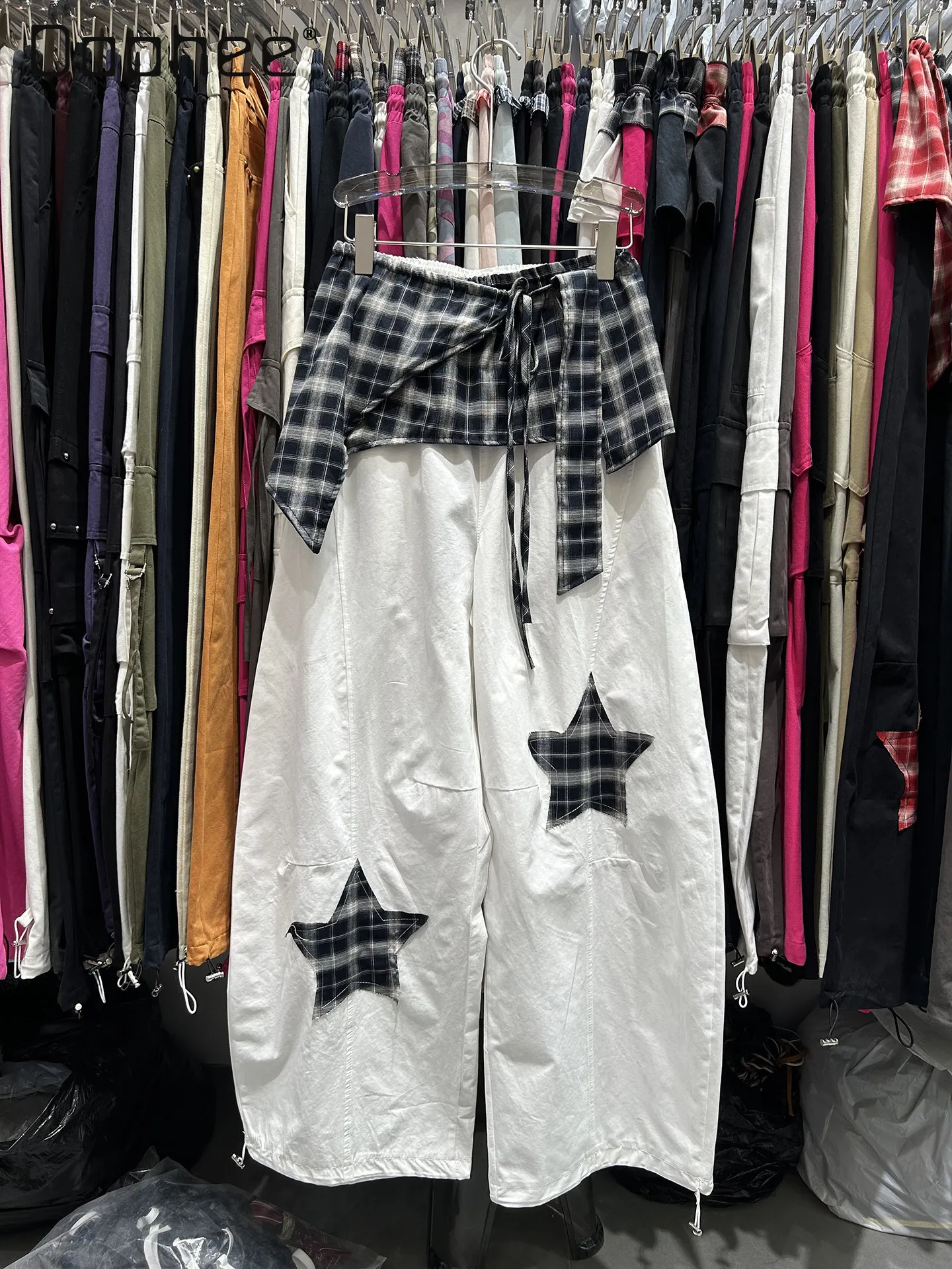 

Casual Pants Women's Spring Elastic Waist Star Patch Scimitar Pants Fashionable Wide-leg Pants Trousers Women