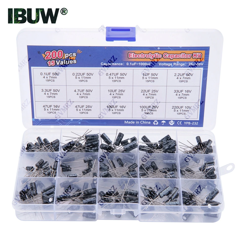 15Values 200pcs Electrolytic Capacitor Organization Storage 0.1-220uF Capacitors Assortment Box Kit