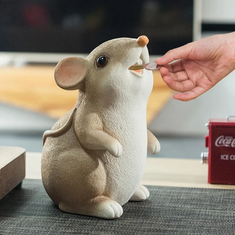 Adorable tirelire en forme de souris, pot d'épargne pour enfant, décoration de bureau, ornements créatifs, sculpture en résine d'animal, décoration esthétique de chambre