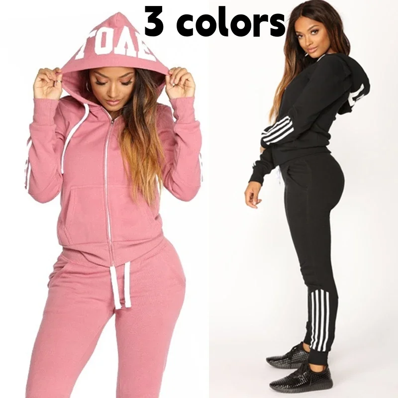 

Spring Autumn Women's Striped Hoodies Two-piece Sets Ladies Casual Long Sleeved Full Zippered Hoodie and Pants Sportswear