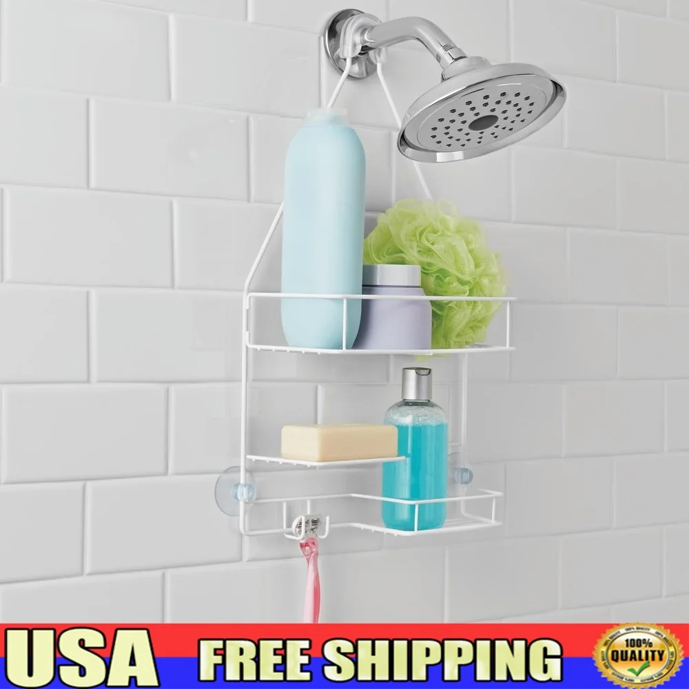 

Hanging Shower Caddy with 2 Shelves Soap Tray Hooks Rust Resistant Metal Over Showerhead Storage Solution