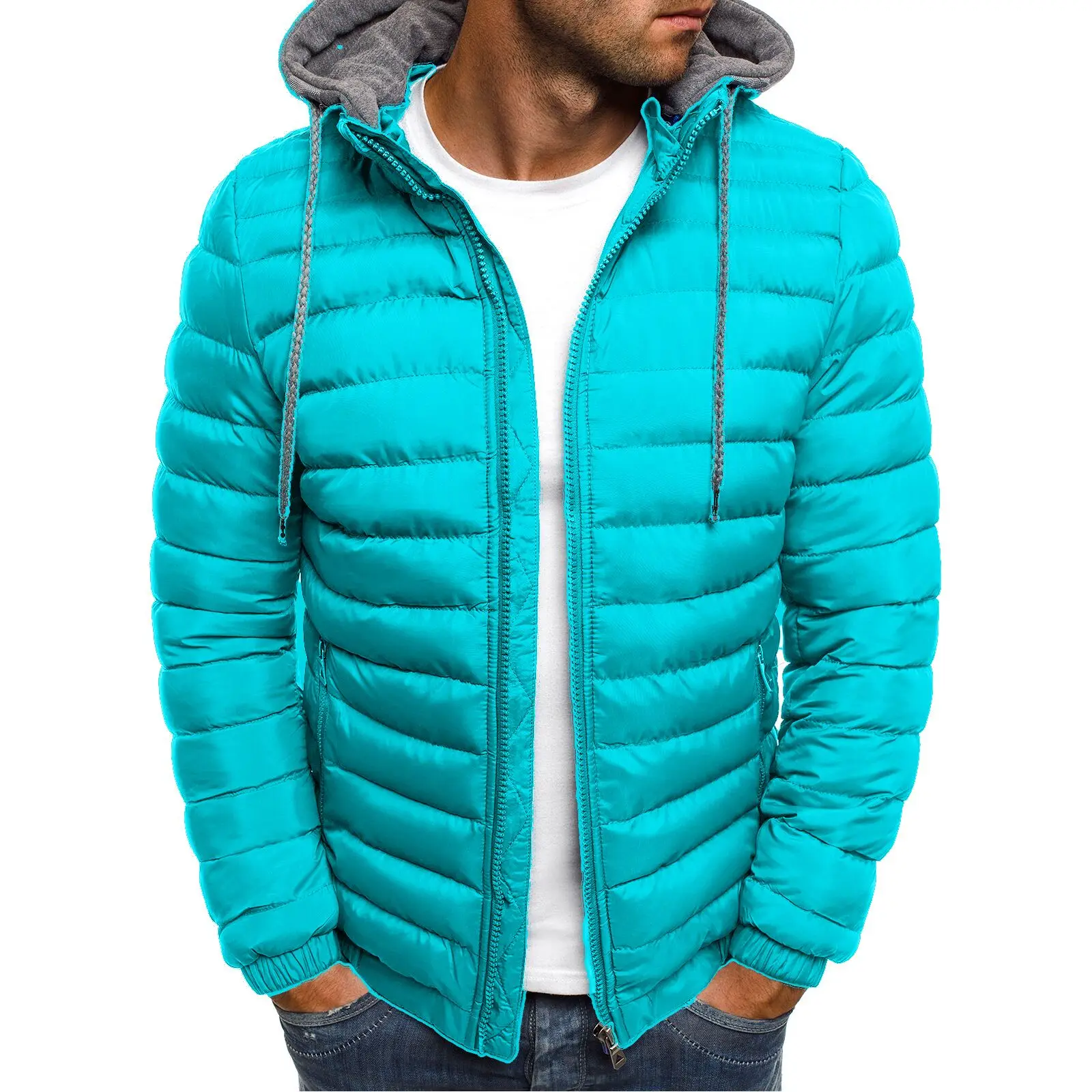 Loose men\'s jacket, outdoor casual sportswear, warm jacket with hood and zipper, fashionable city style, autumn winter