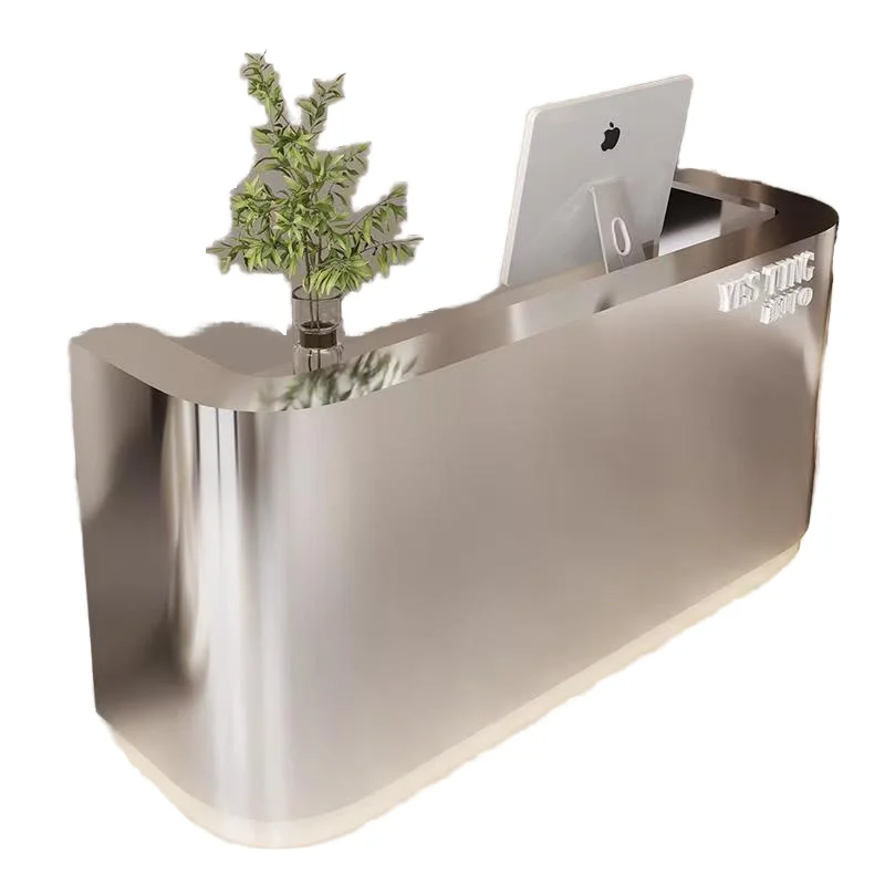 Luxury Modern Curved Stainless Steel Reception Desk Mirror Chrome Front Counter With LED Light For Salon Hotel Office