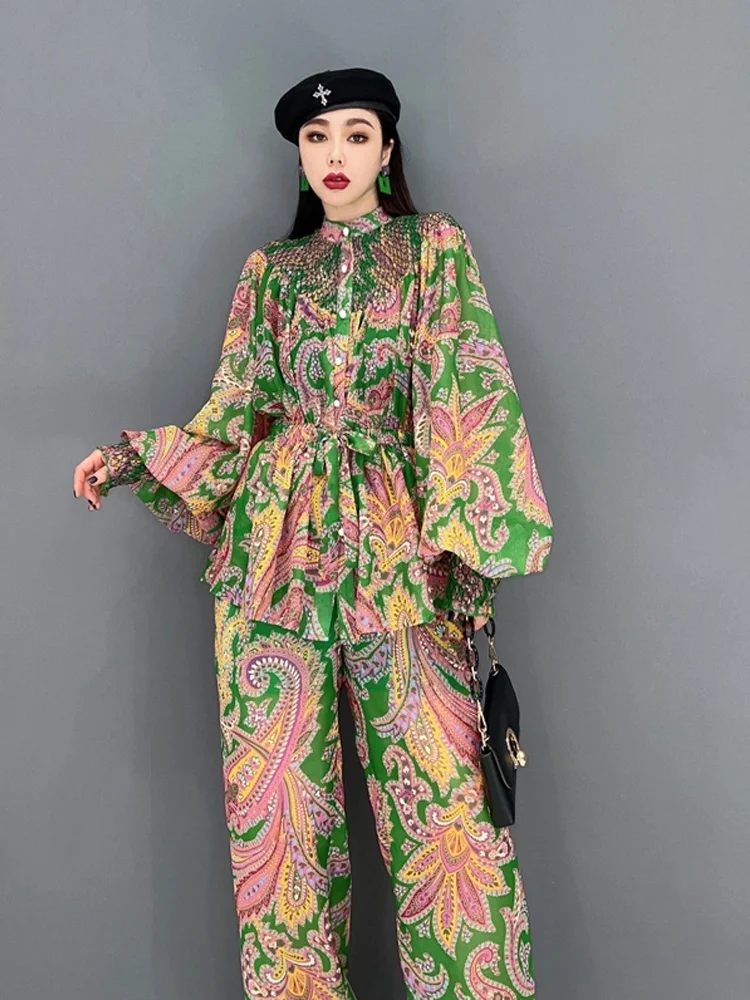 Women Temperament Elastic Waist Chiffon Printing Long Sleeves Shirt Suit + Wide Leg Pants Suit 2024 Spring Autumn LHX1794