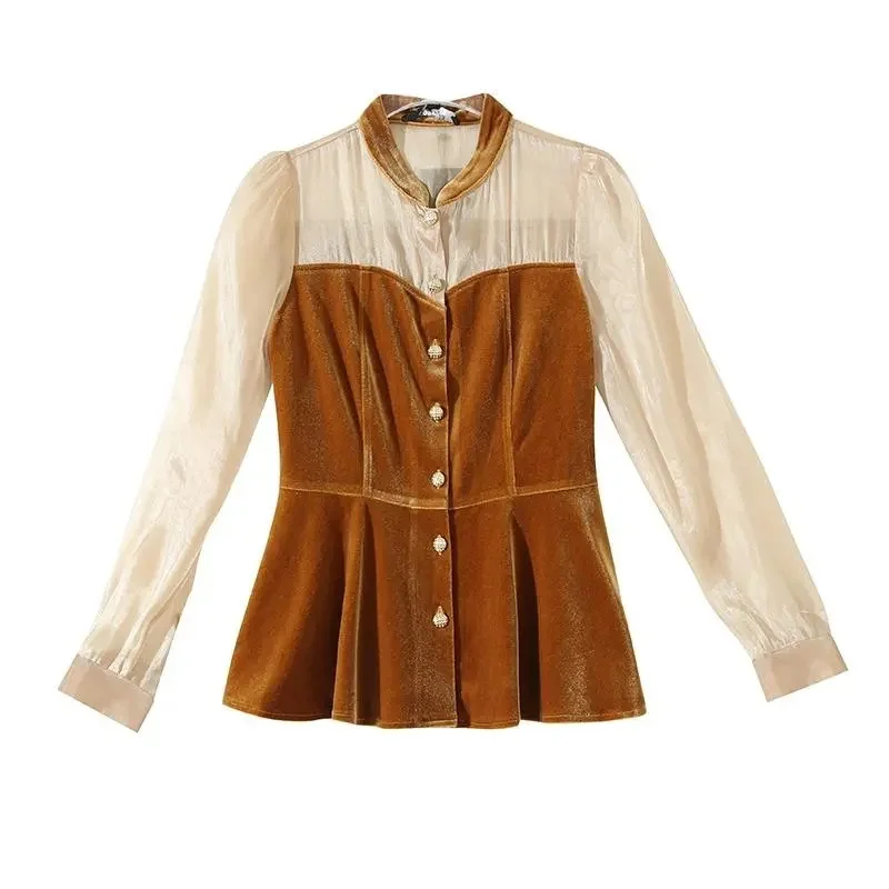 

2025 Fashion Pleuche Spliced Blouses Women's Long Sleeve Shirts Spring Summer Stand-up Collar Single-breasted Slim Tops Coats